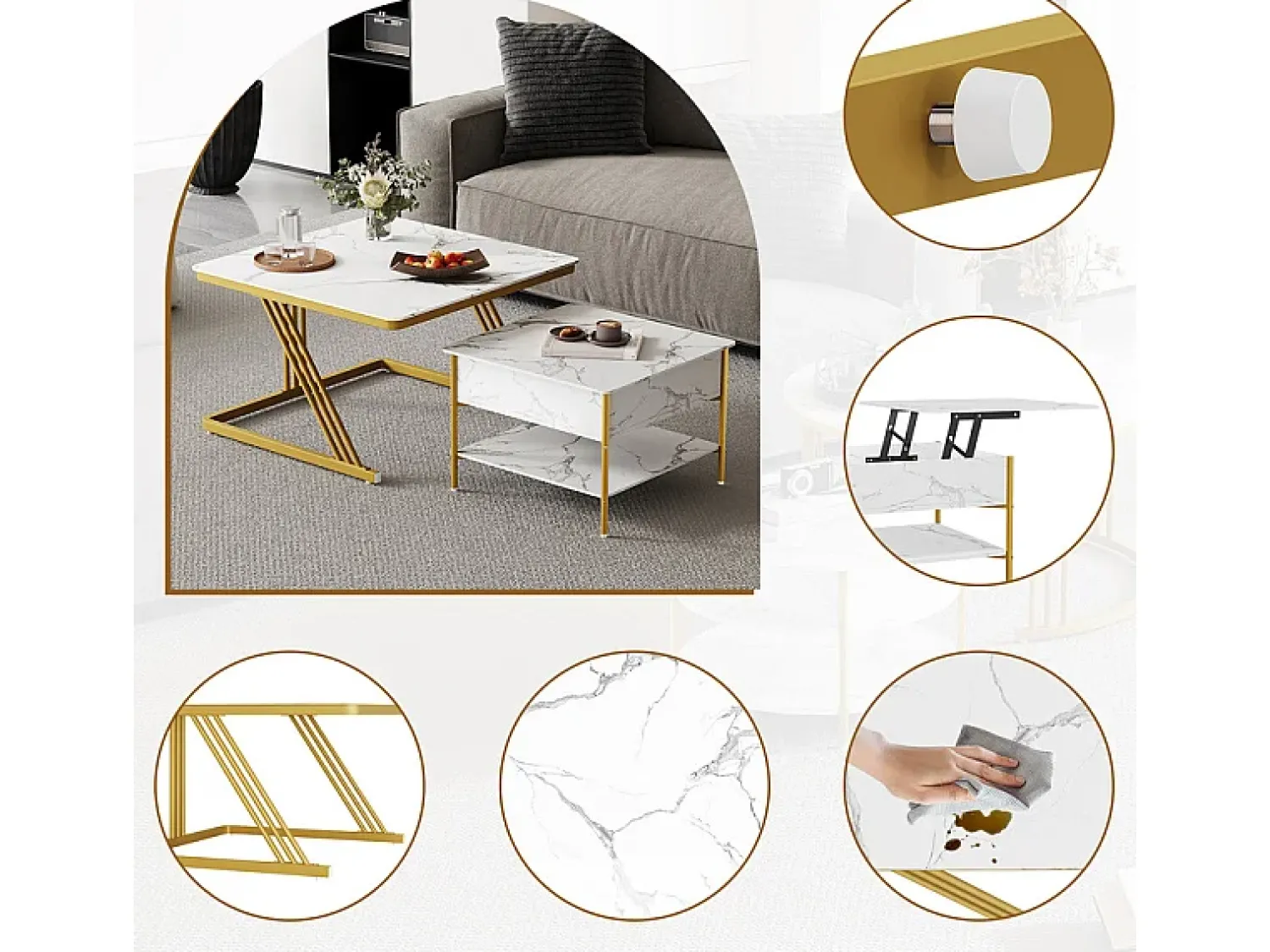 New DripeX Mesas de centro nido quadradas, com tampo rebatível, pés de metal dourado, carga máx. 80kg, e dourado Branco