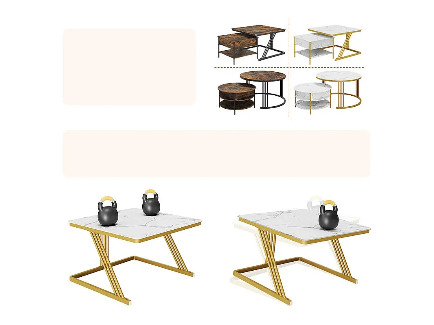 New DripeX Mesas de centro nido quadradas, com tampo rebatível, pés de metal dourado, carga máx. 80kg, e dourado Branco