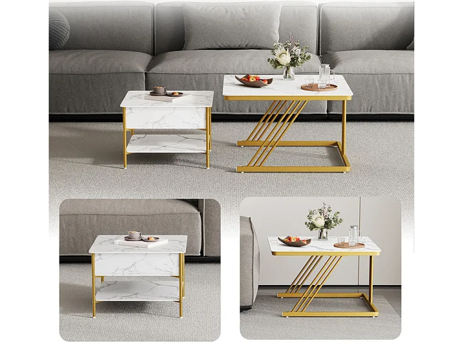 New DripeX Mesas de centro nido quadradas, com tampo rebatível, pés de metal dourado, carga máx. 80kg, e dourado Branco