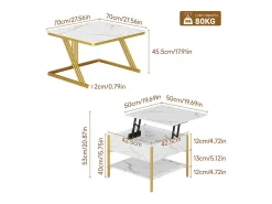 New DripeX Mesas de centro nido quadradas, com tampo rebatível, pés de metal dourado, carga máx. 80kg, e dourado Branco