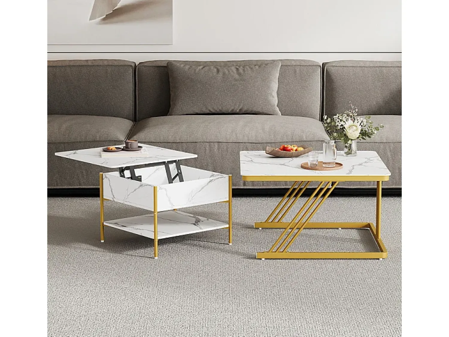 New DripeX Mesas de centro nido quadradas, com tampo rebatível, pés de metal dourado, carga máx. 80kg, e dourado Branco