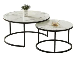 Mesa De Centro* Mesas de centro sobrepostas MILA - Vidro temperado efeito mármore e metal preto Branco
