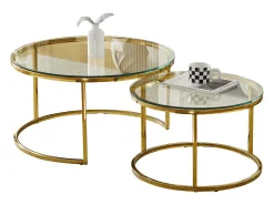 Mesa De Centro| Mesas de centro sobrepostas MILA - Vidro temperado e metal dourado Transparente