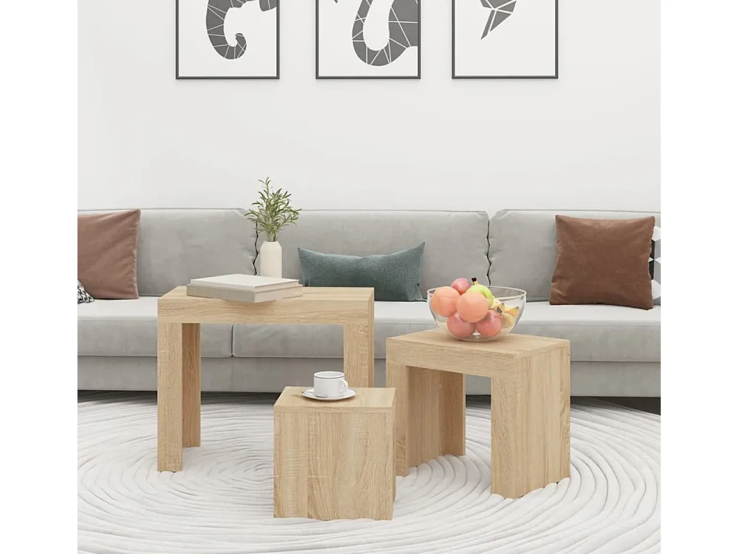 Mesa De Centro* Mesas de encaixar 3 pcs contraplacado carvalho sonoma Castanho