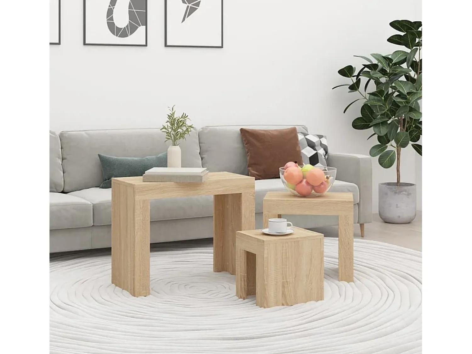 Mesa De Centro* Mesas de encaixar 3 pcs contraplacado carvalho sonoma Castanho