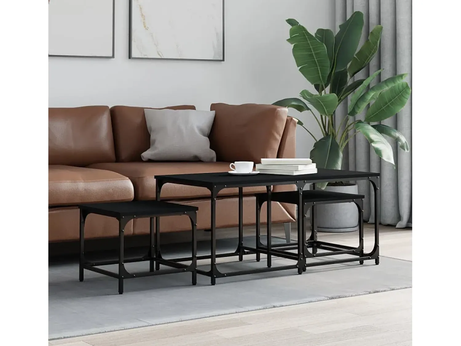 Mesa De Centro| Mesas de encaixar 3 pcs derivados de madeira Preto