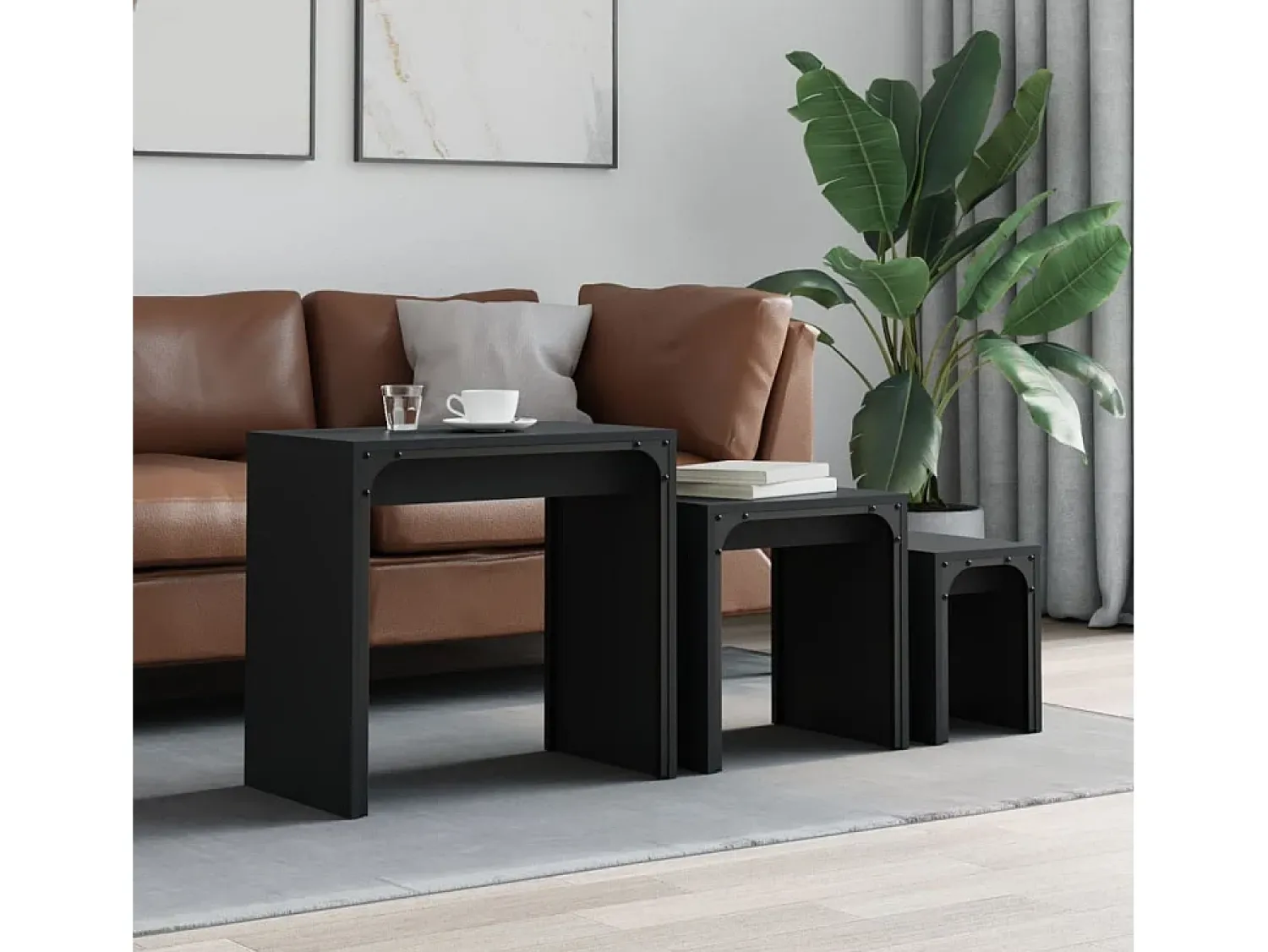 Mesa De Centro| Mesas de encaixar 3 pcs derivados de madeira Preto