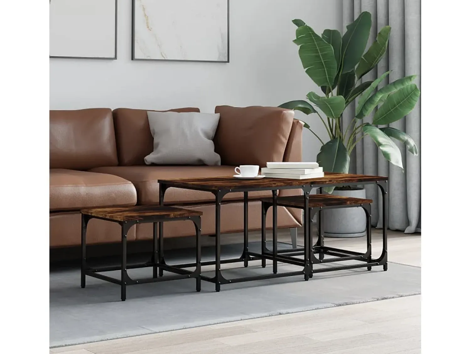 Mesa De Centro| Mesas de encaixar 3 pcs deriv. madeira carvalho fumado Castanho