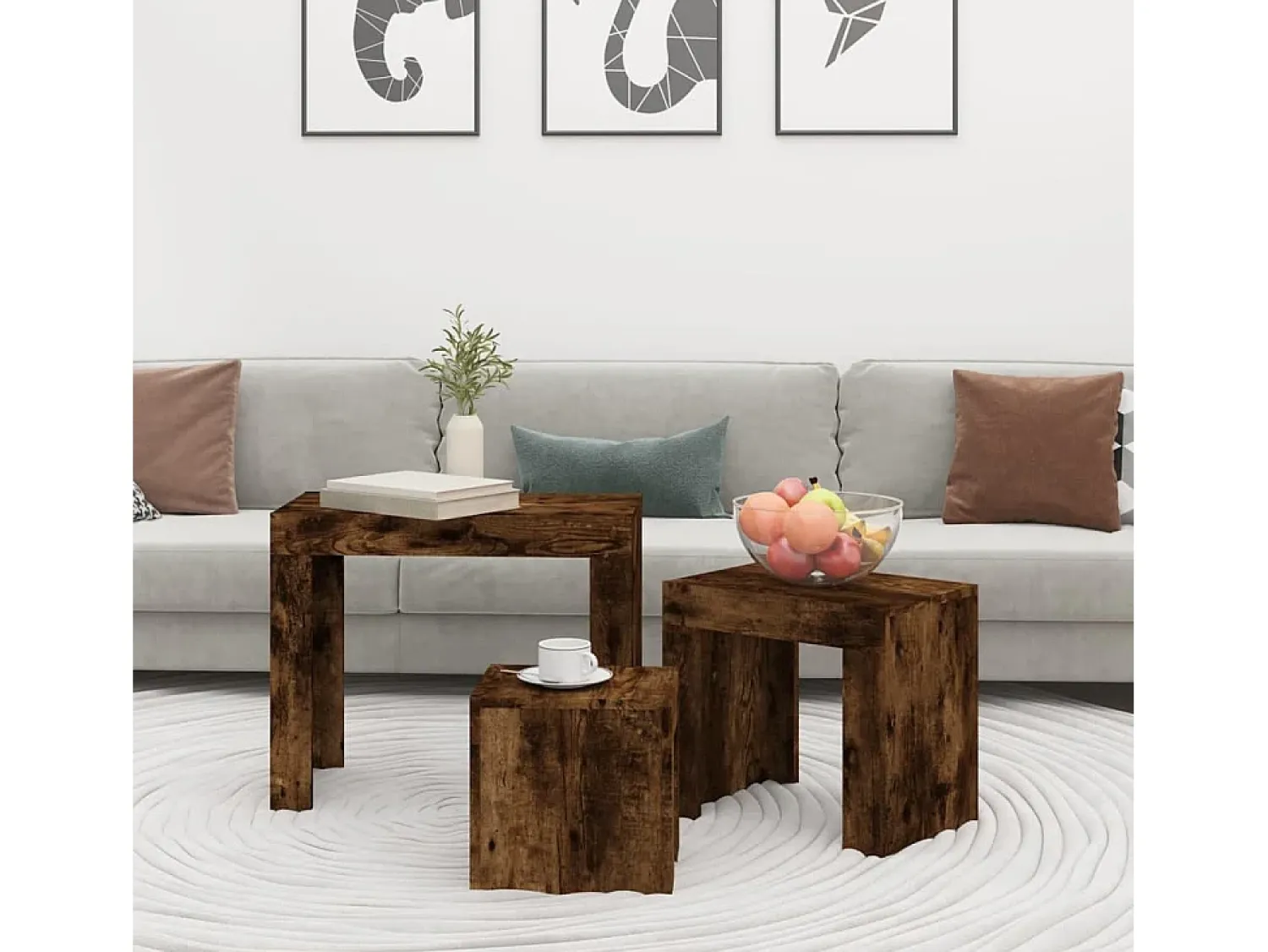 Mesa De Centro| Mesas de encaixar 3 pcs derivados de madeira carvalho fumado Castanho