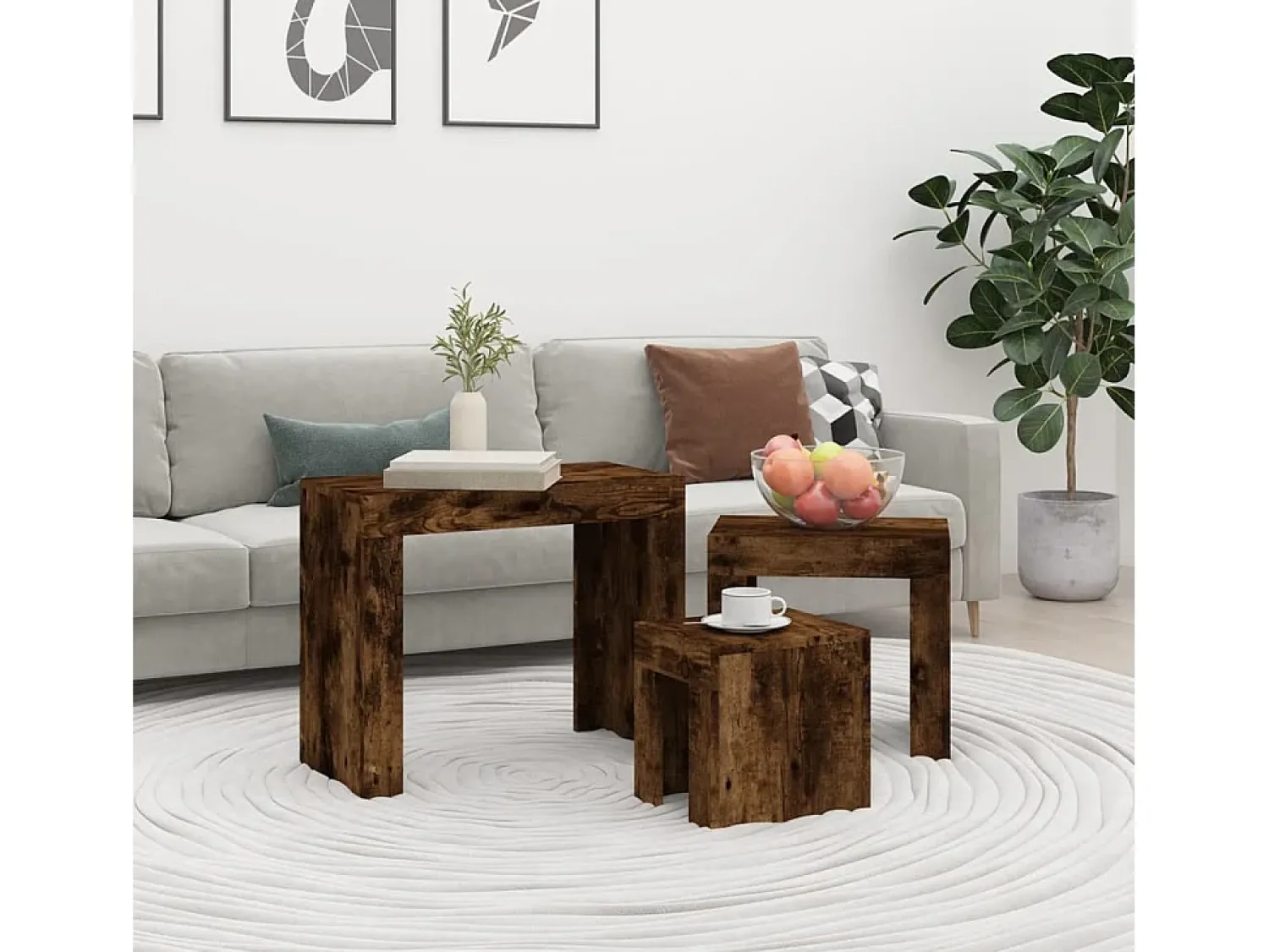 Mesa De Centro| Mesas de encaixar 3 pcs derivados de madeira carvalho fumado Castanho