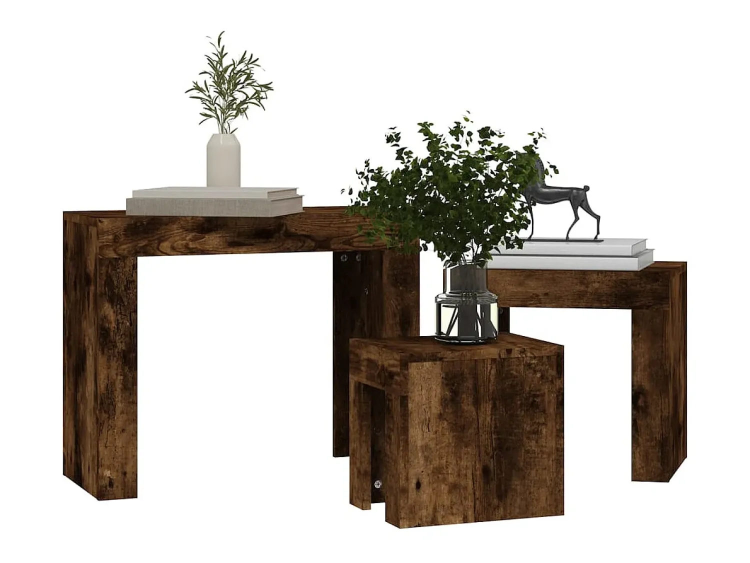Mesa De Centro| Mesas de encaixar 3 pcs derivados de madeira carvalho fumado Castanho