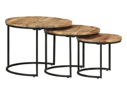 Mesa De Centro| Mesas de encaixar 3 pcs madeira de mangueira áspera Castanho