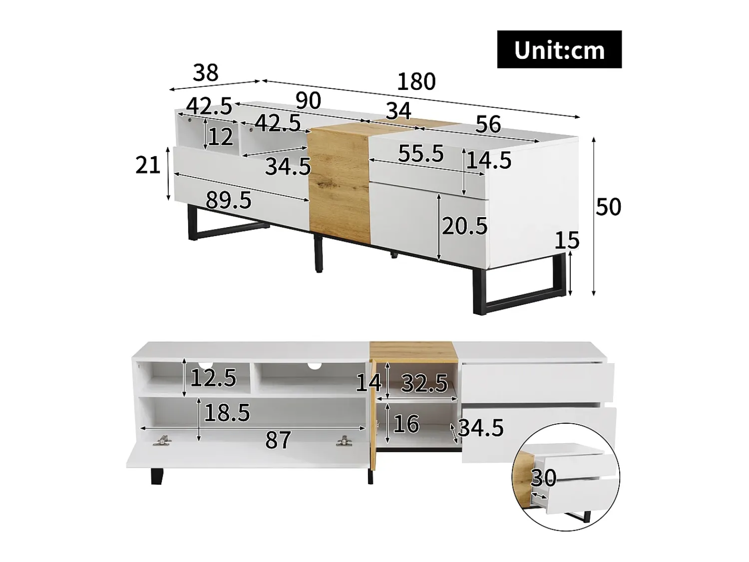 ModernLuxe Meuble TV 180 cm - avec 2 tiroirs et 5 compartiments - en MDF - Blanc & Naturel^ Móvel De Tv