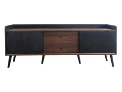 Móvel De Tv*Hauss Spole Meuble TV avec 2 tiroirs et 2 portes coulissantes, porte rayée, noir et bois Preto