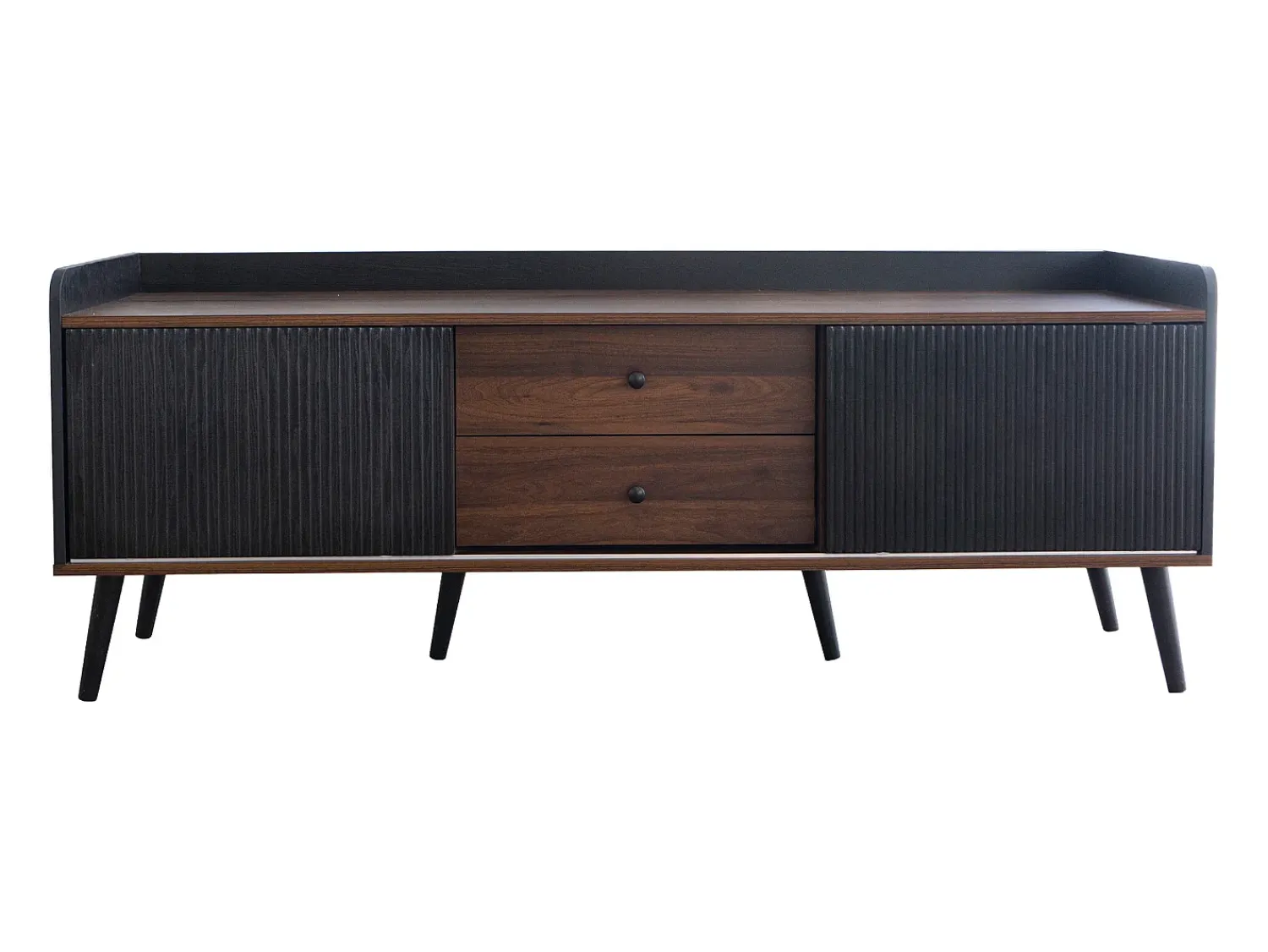 Móvel De Tv*Hauss Spole Meuble TV avec 2 tiroirs et 2 portes coulissantes, porte rayée, noir et bois Preto