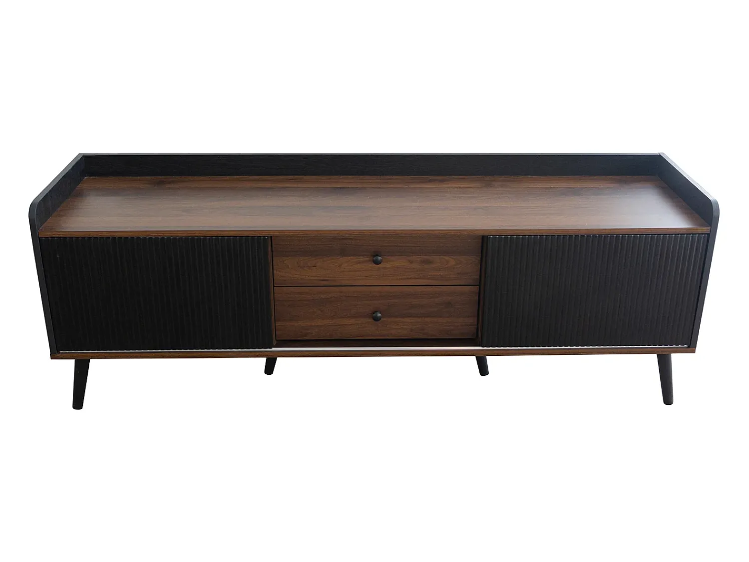 Móvel De Tv*Hauss Spole Meuble TV avec 2 tiroirs et 2 portes coulissantes, porte rayée, noir et bois Preto