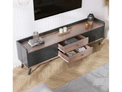 Móvel De Tv*Hauss Spole Meuble TV avec 2 tiroirs et 2 portes coulissantes, porte rayée, noir et bois Preto
