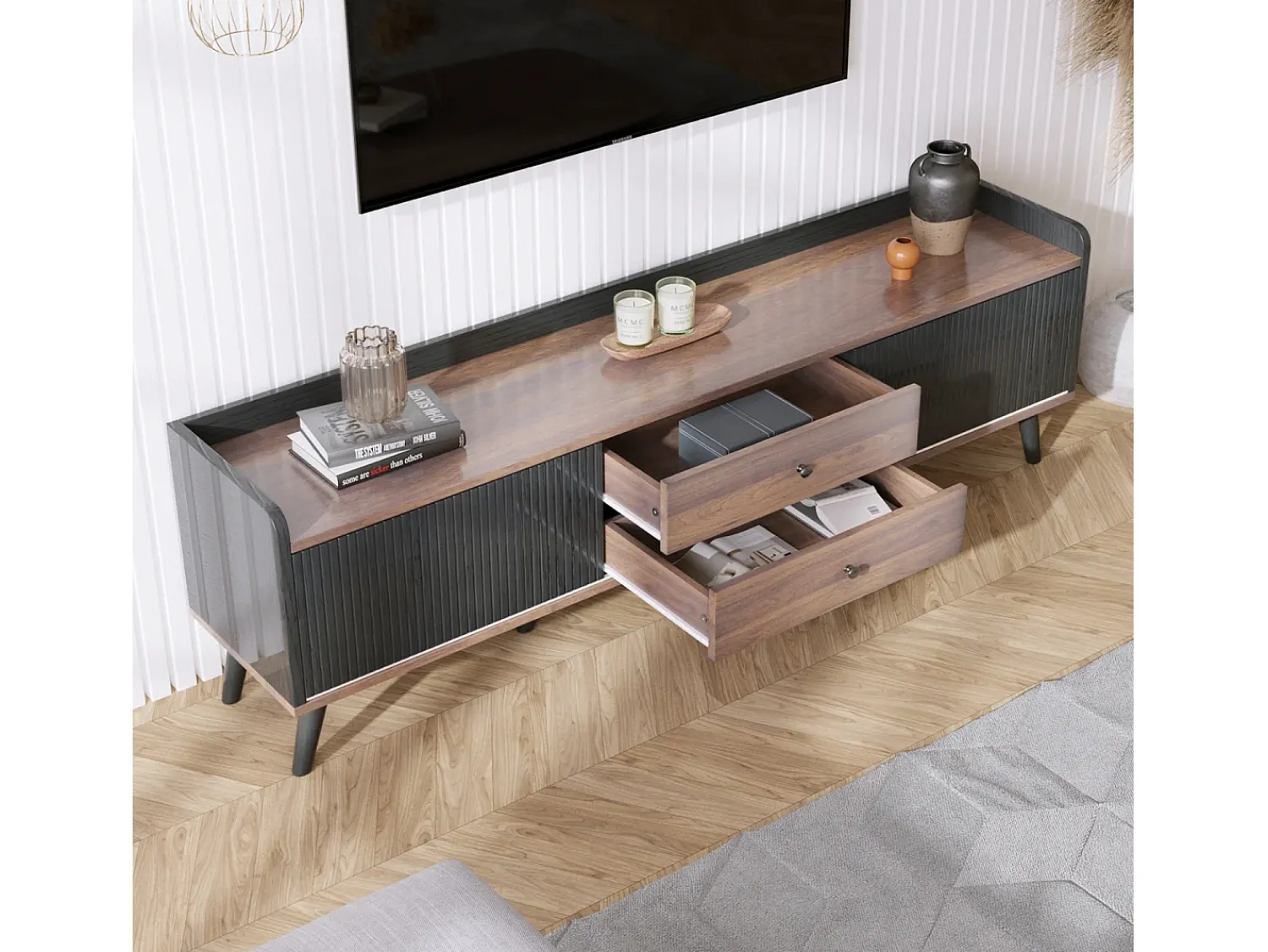 Móvel De Tv*Hauss Spole Meuble TV avec 2 tiroirs et 2 portes coulissantes, porte rayée, noir et bois Preto