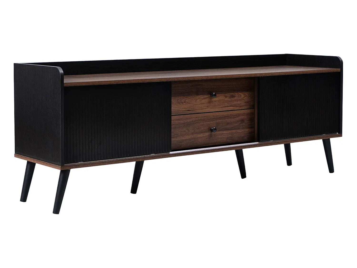 Móvel De Tv*Hauss Spole Meuble TV avec 2 tiroirs et 2 portes coulissantes, porte rayée, noir et bois Preto