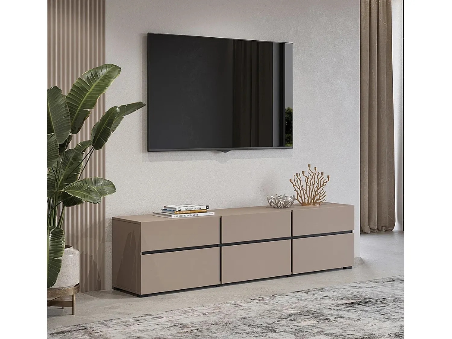 New Meublorama Meuble TV 180cm coloris beige et noir collection HAVANA. Meuble design avec 3 portes et 3 tiroirs. Bege