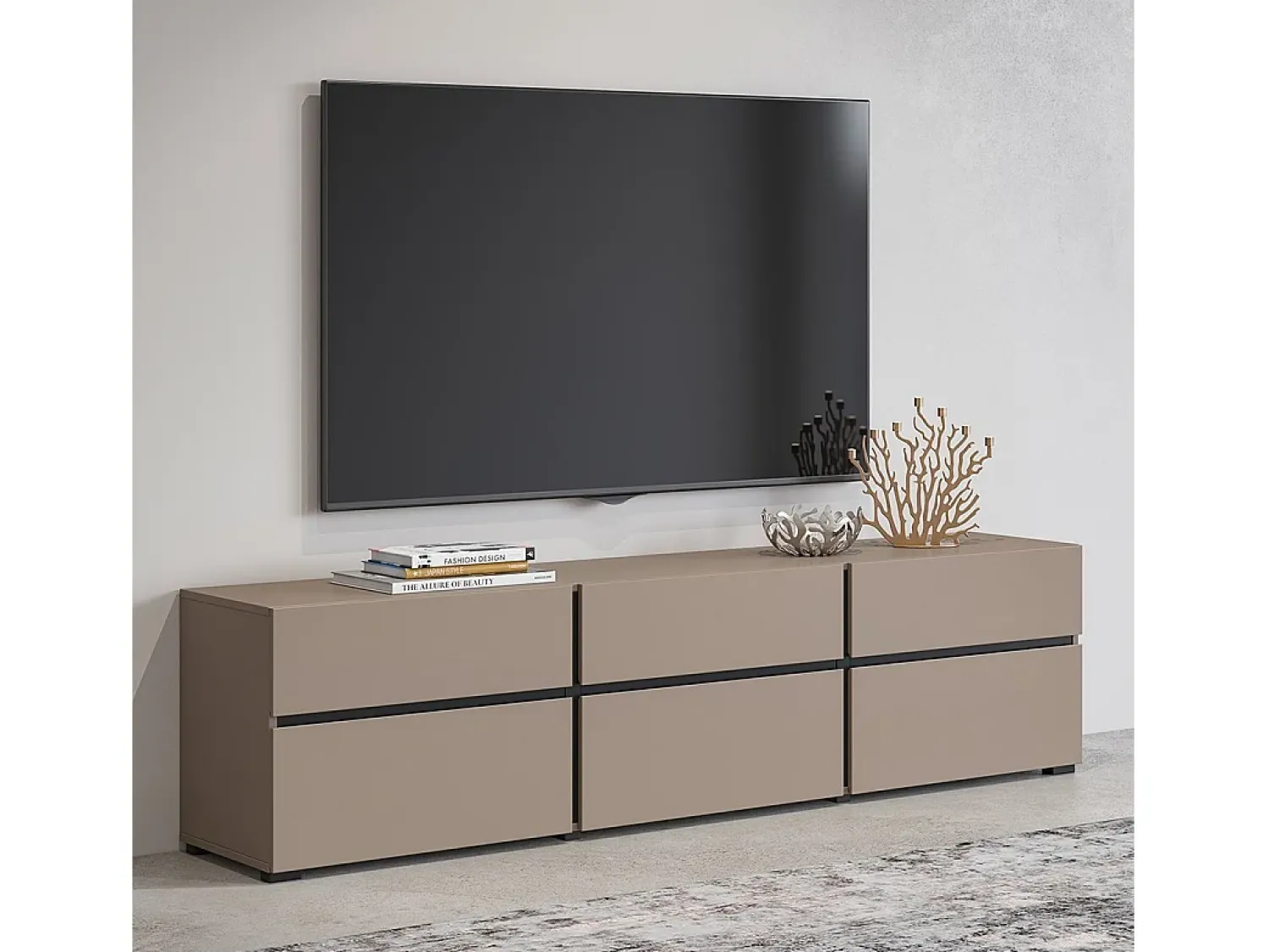 New Meublorama Meuble TV 180cm coloris beige et noir collection HAVANA. Meuble design avec 3 portes et 3 tiroirs. Bege