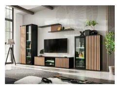 Móvel De Tv|Meublorama Meuble TV 160cm coloris chêne et noir collection DEAN. Meuble design avec 2 portes et 2 niches. Preto