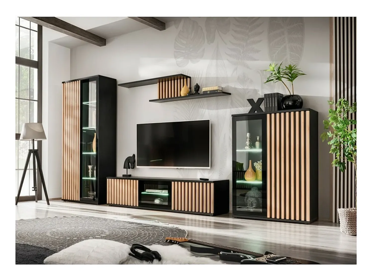 Móvel De Tv|Meublorama Meuble TV 160cm coloris chêne et noir collection DEAN. Meuble design avec 2 portes et 2 niches. Preto