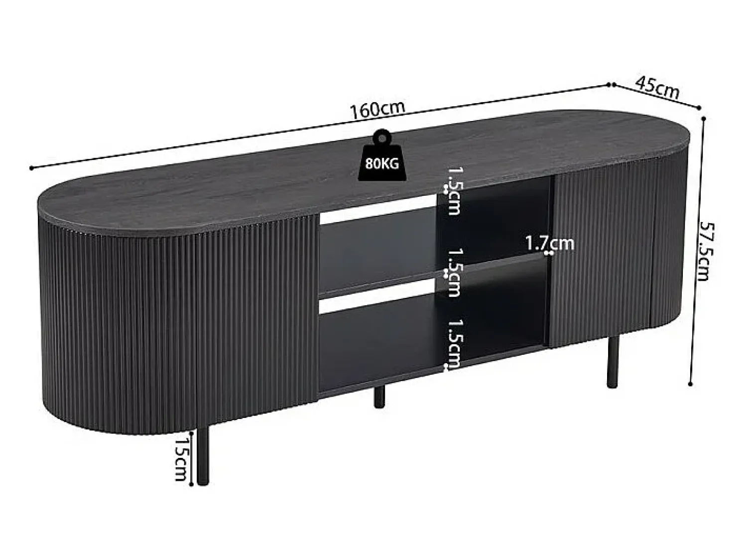 Móvel De Tv|Meublorama Meuble TV VAGOS – Coloris brun foncé – Meuble TV arrondi – 2 portes & 2 niches – 160 cm – Design contemporain Cinza antracite