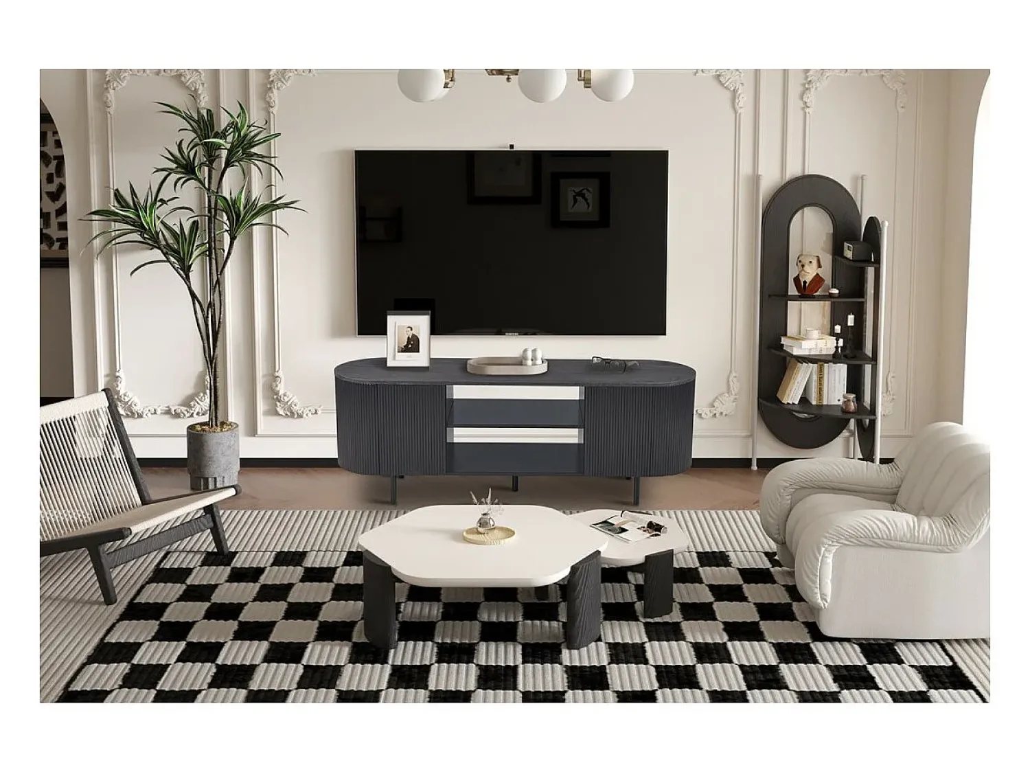 Móvel De Tv|Meublorama Meuble TV VAGOS – Coloris brun foncé – Meuble TV arrondi – 2 portes & 2 niches – 160 cm – Design contemporain Cinza antracite