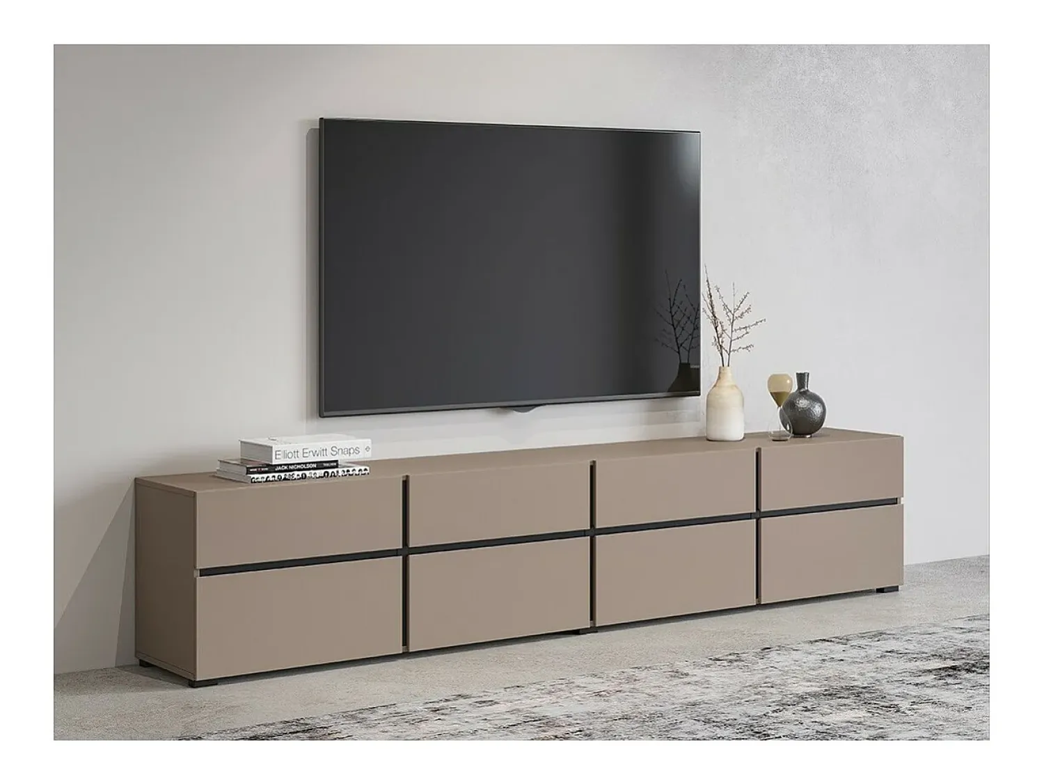 Móvel De Tv|Meublorama Meuble TV XL coloris beige et noir 225cm collection HAVANA. Meuble design avec 4 portes et 4 tiroirs. Bege