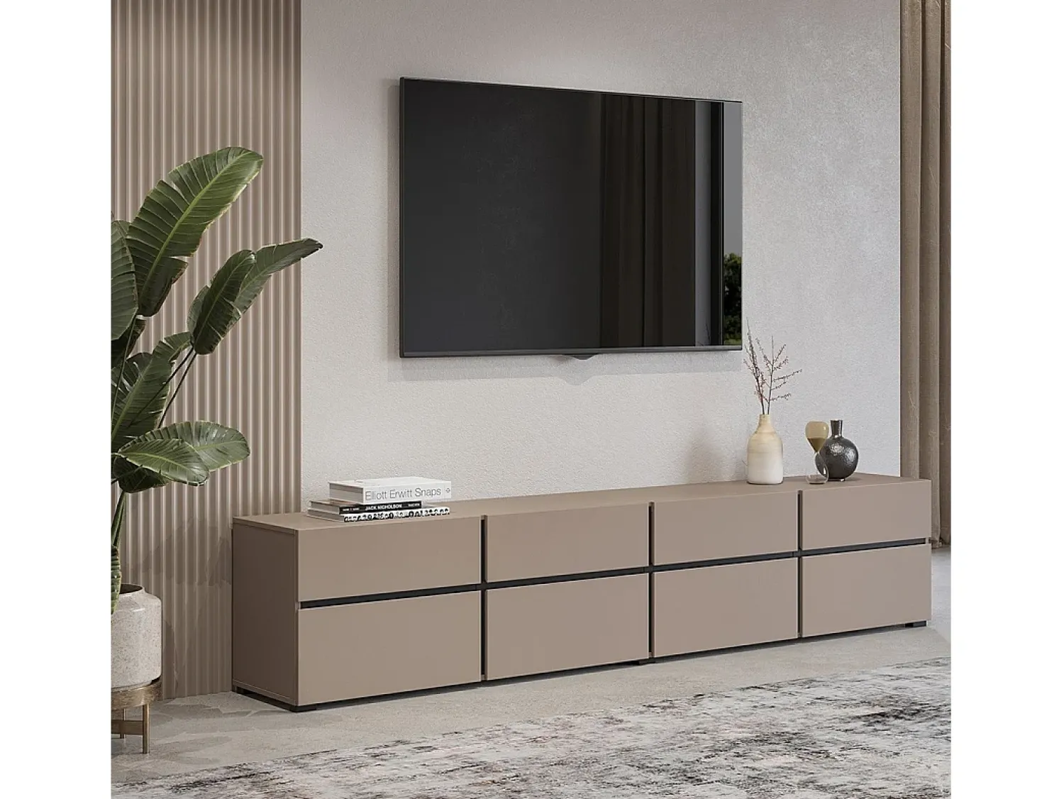 Móvel De Tv|Meublorama Meuble TV XL coloris beige et noir 225cm collection HAVANA. Meuble design avec 4 portes et 4 tiroirs. Bege