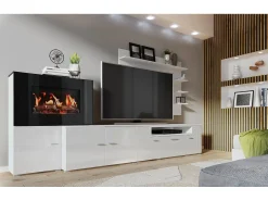 Móvel De Tv|Skraut Home Mobiliário com lareira eléctrica com 5 níveis de chama, Mate e Brilhante, 290x45x170cm Branco