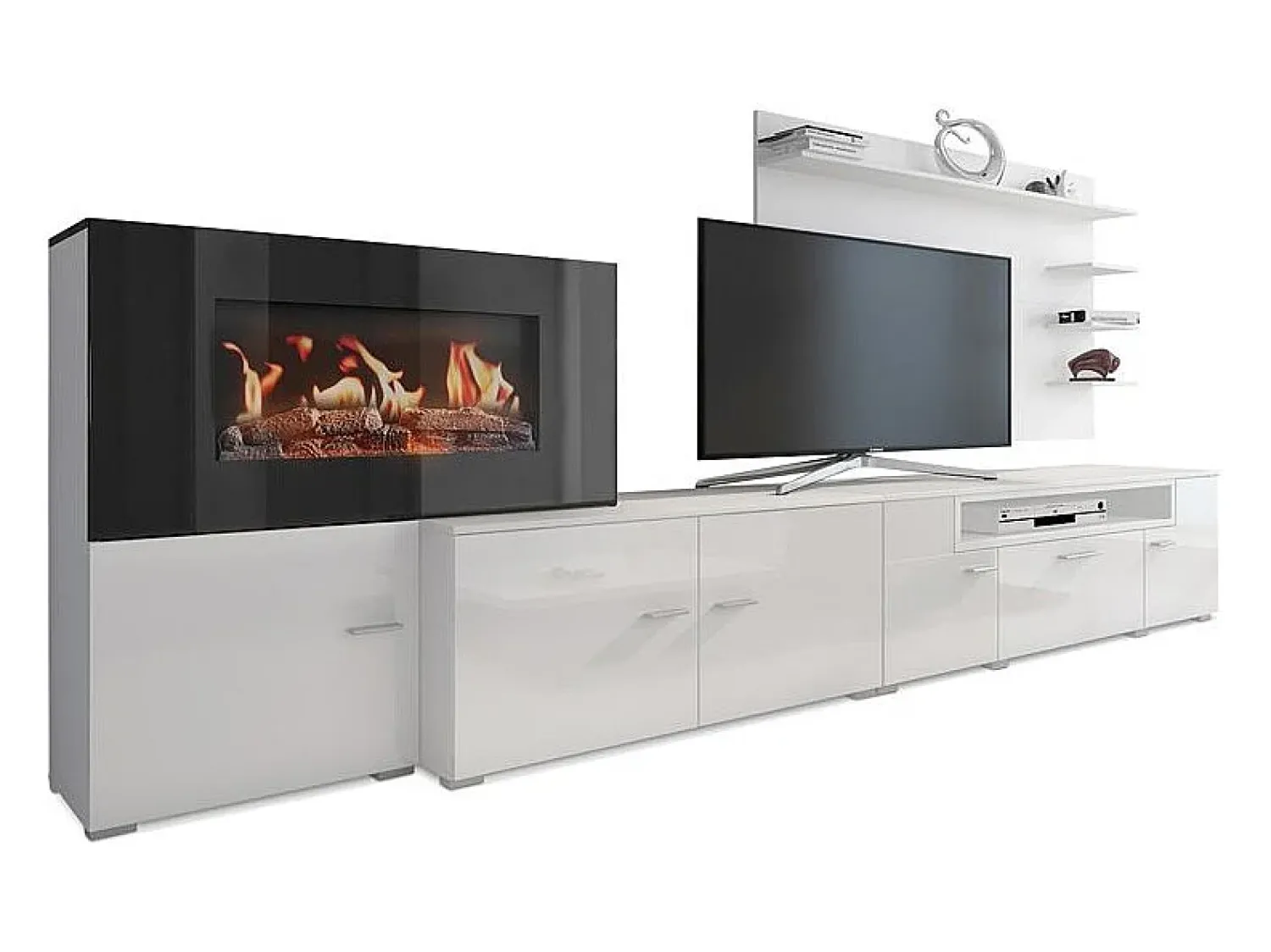 Móvel De Tv|Skraut Home Mobiliário com lareira eléctrica com 5 níveis de chama, Mate e Brilhante, 290x45x170cm Branco