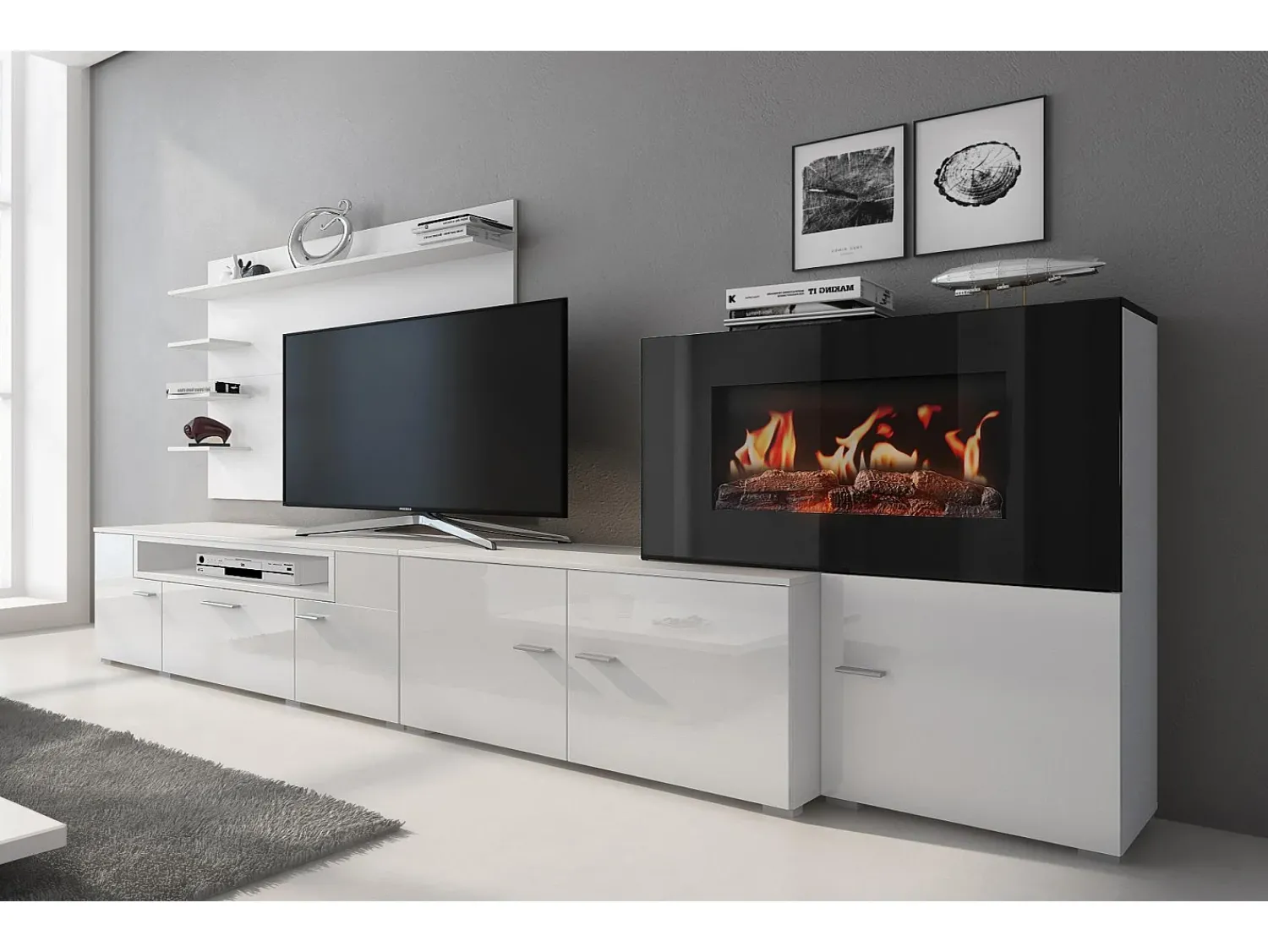 Móvel De Tv|Skraut Home Mobiliário com lareira eléctrica com 5 níveis de chama, Mate e Brilhante, 290x45x170cm Branco