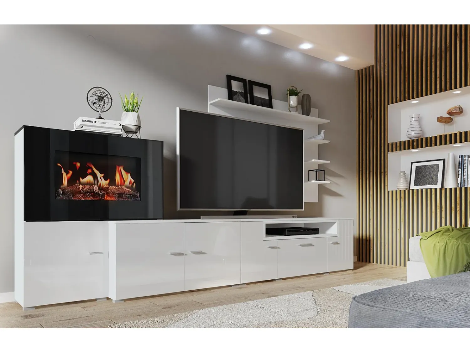 Móvel De Tv|Skraut Home Mobiliário com lareira eléctrica com 5 níveis de chama, Mate e Brilhante, 290x45x170cm Branco