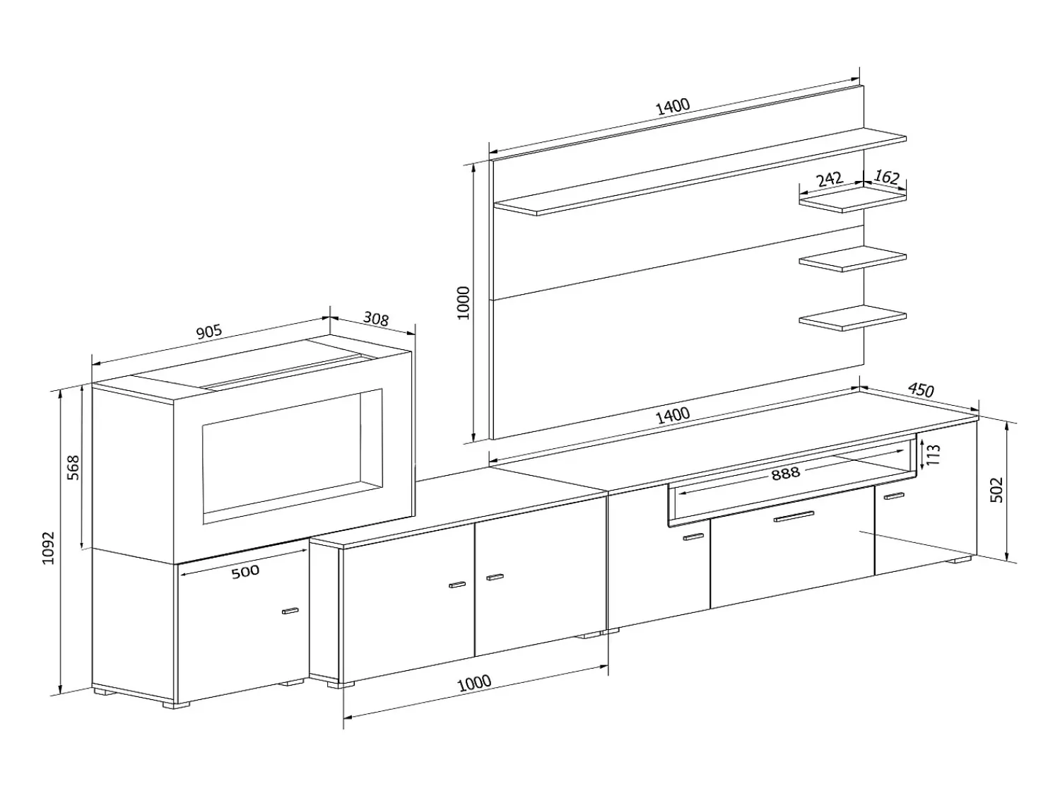 Móvel De Tv|Skraut Home Mobiliário com lareira eléctrica com 5 níveis de chama, Mate e Brilhante, 290x45x170cm Branco