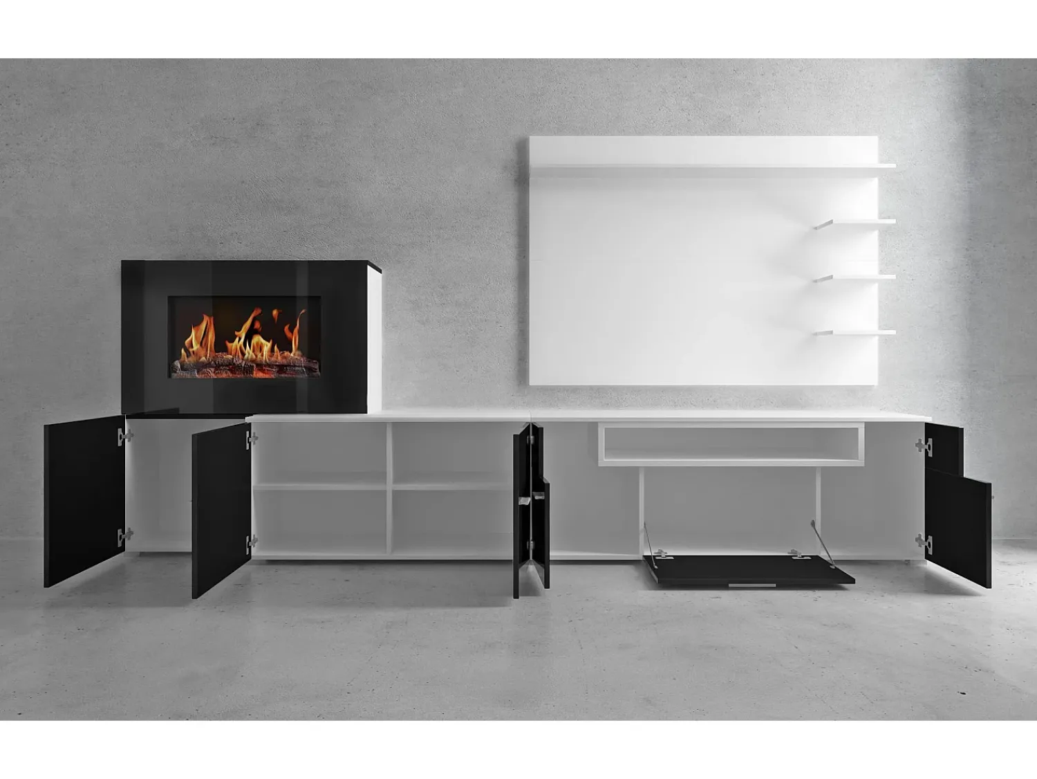 Móvel De Tv|Skraut Home Mobiliário com lareira eléctrica com 5 níveis de chama, Mate e Brilhante, 290x45x170cm Branco