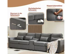 Moderno sofá em linho com 4 lugares, consola, suporte para copos e portas USB. Braços e almofadas incluídos. Ideal para sala de estar, apartamento ou escritório.^ Sofá