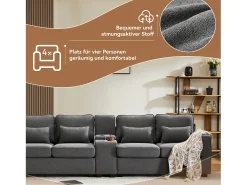 Moderno sofá em linho com 4 lugares, consola, suporte para copos e portas USB. Braços e almofadas incluídos. Ideal para sala de estar, apartamento ou escritório.^ Sofá