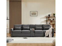 Moderno sofá em linho com 4 lugares, consola, suporte para copos e portas USB. Braços e almofadas incluídos. Ideal para sala de estar, apartamento ou escritório.^ Sofá