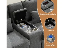 Moderno sofá em linho com 4 lugares, consola, suporte para copos e portas USB. Braços e almofadas incluídos. Ideal para sala de estar, apartamento ou escritório.^ Sofá