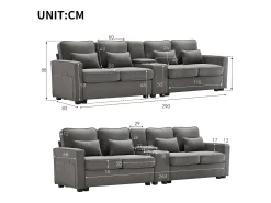 Moderno sofá em linho com 4 lugares, consola, suporte para copos e portas USB. Braços e almofadas incluídos. Ideal para sala de estar, apartamento ou escritório.^ Sofá