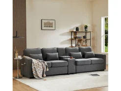 Moderno sofá em linho com 4 lugares, consola, suporte para copos e portas USB. Braços e almofadas incluídos. Ideal para sala de estar, apartamento ou escritório.^ Sofá