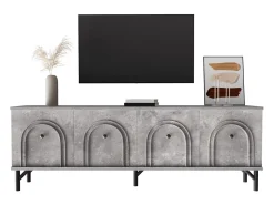 Móvel De Tv* Moderno suporte para TV de 160 cm com quatro portas, na cor cinza, com dobradiças de fechamento suave e design elegante. Ideal para a área de entretenimento. Cinzento