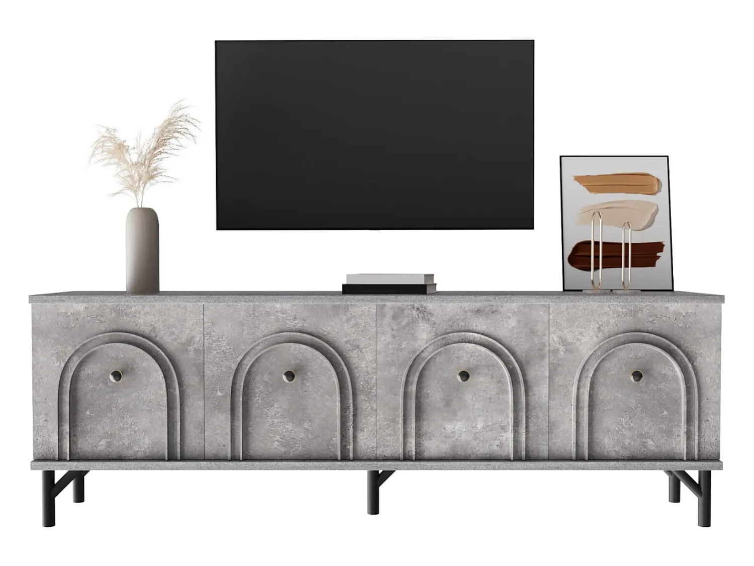 Móvel De Tv* Moderno suporte para TV de 160 cm com quatro portas, na cor cinza, com dobradiças de fechamento suave e design elegante. Ideal para a área de entretenimento. Cinzento