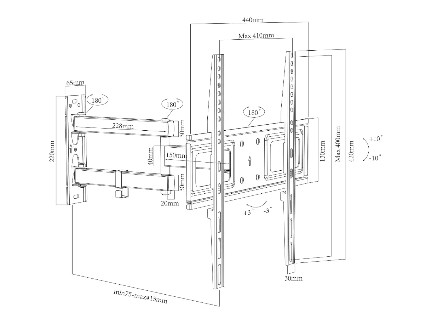 Móvel De Tv*VCM Montagem na parede de TV B-SN400 A. 42 x L. 44 x P. 8 cm Preto