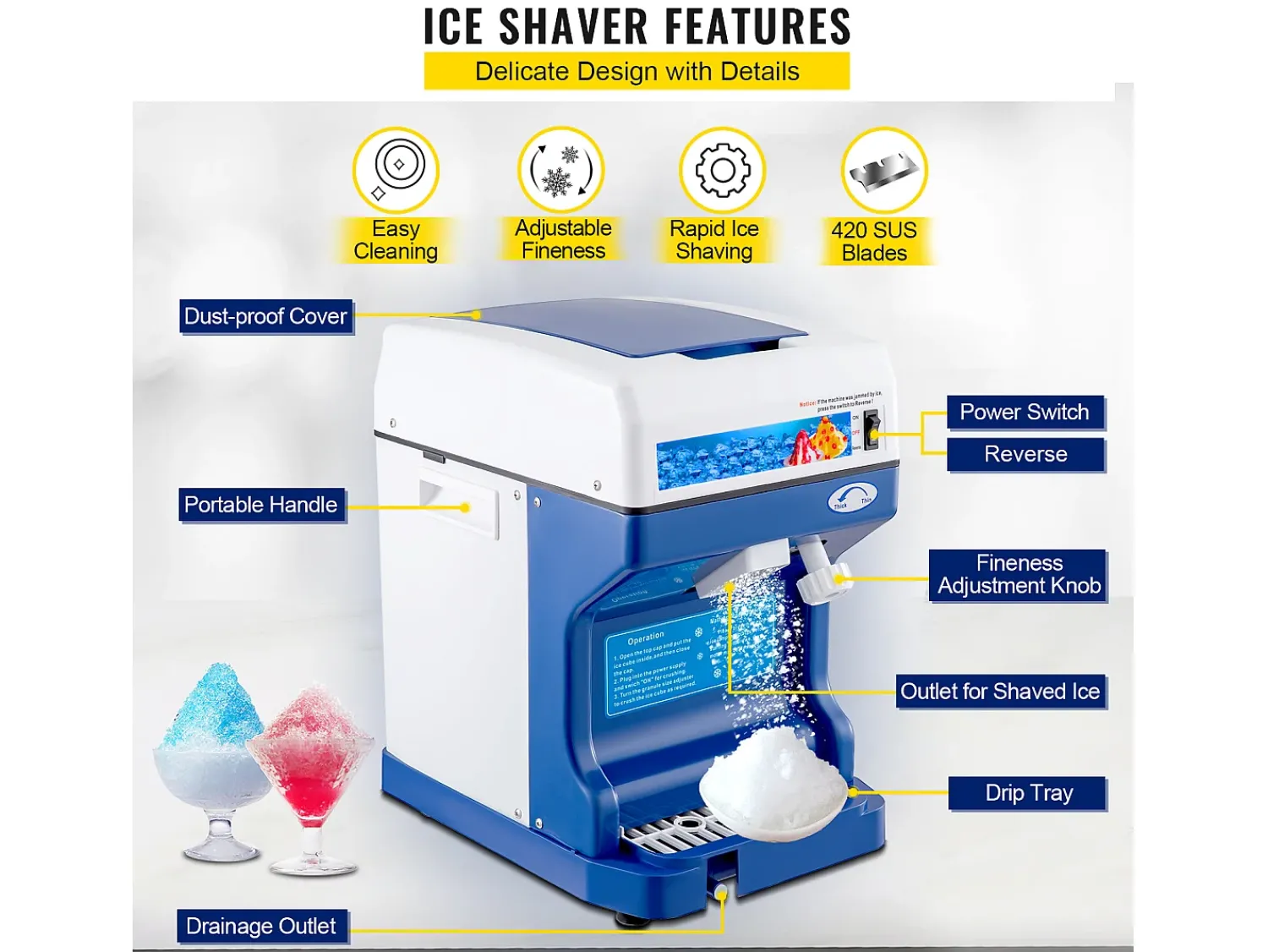 Acessório Vinho E Bar| Máquina de Gelo SucceBuy Máquina de Cone de Neve 250 W 265 LBS/H Triturador de Gelo Ajustável para Uso Doméstico