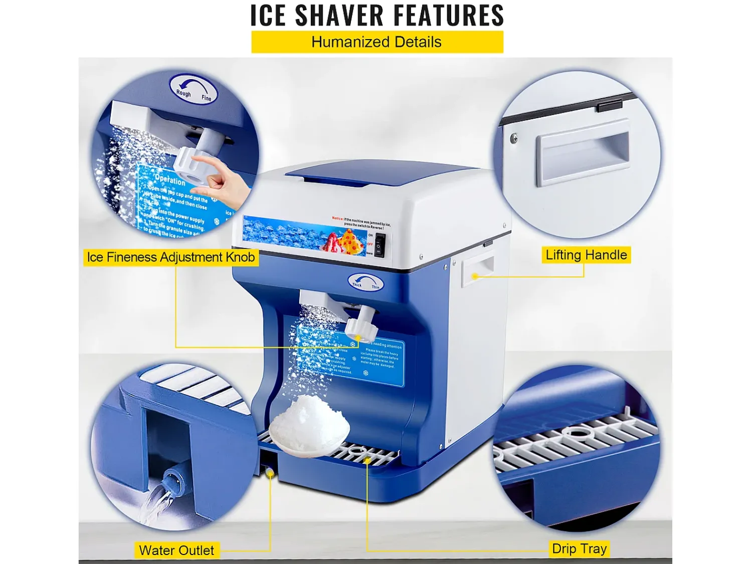 Acessório Vinho E Bar| Máquina de Gelo SucceBuy Máquina de Cone de Neve 250 W 265 LBS/H Triturador de Gelo Ajustável para Uso Doméstico