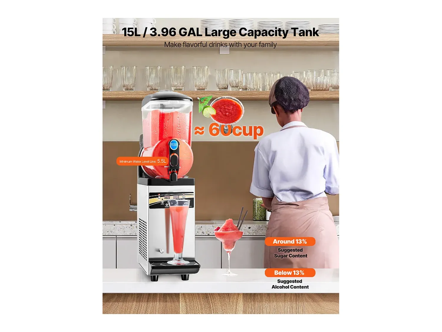 Acessório Vinho E Bar* Máquina de Granito SucceBuy, Reservatório Único de 15 L, Aço Inoxidável, Distribuidor de Bebidas Geladas, para Casa, Restaurantes, Cafés, Bares