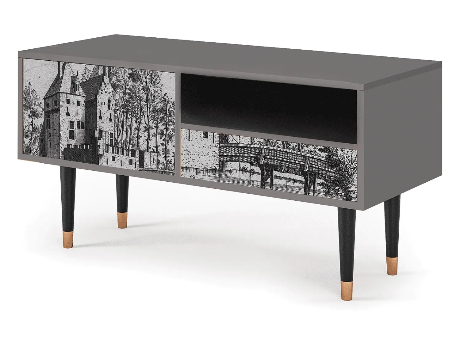 Outlet Mueble de TV - 115х59х48 cm - T3 - Castle with Bridge, Cinza Cinzento